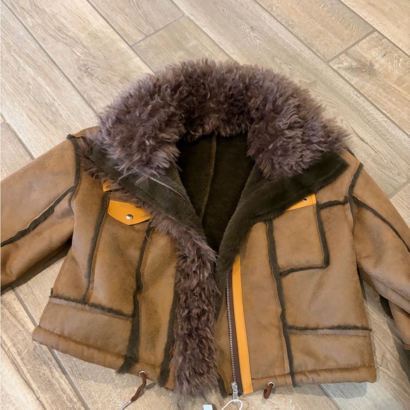 Brown faux leather faux fur trim aviator-style jacket Warm size Large - Picture 2 of 6